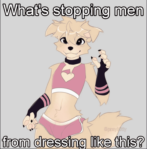 Cute furry dog in pink and black femboy clothes. The caption is, "What's stopping men from dressing like this?" 