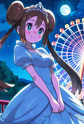 A girl with blue eyes, brown hair styled in twin buns with loose strands hanging down, and a blushing smile. She wears a white, puffy-sleeved dress adorned with white lace details, and a silver tiara reminiscent of a fairy-tale princess. The background is a nighttime fairground scene featuring a brightly lit Ferris wheel with colorful lights, and dark green trees, to the left. The sky is a deep blue, dotted with stars and a large, full moon, above the Ferris wheel.