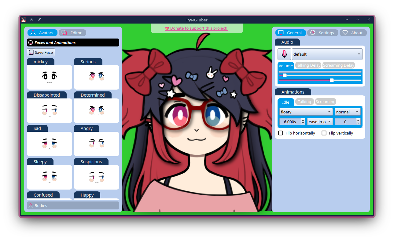 Screenshot of the app showing a humanoid model in the center, with a menu to select expressions on the left and audio and animation settings on the right