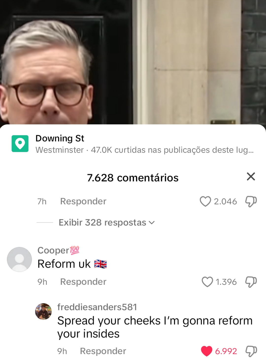 Picture of Keir Starmer with two comments under it. Comment 1: Reform UK 🇬🇧. Comment 2, a reply to 1: Spread your cheeks I'm gonna reform your insides. 