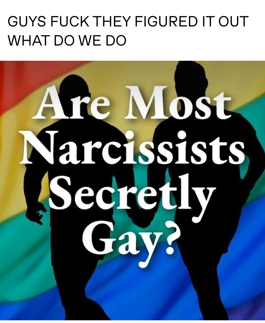 An image of two masculine silhouettes on a rainbow flag background. Imposed on top is the text "Are most narcissists secretly gay?" A caption above reads, in all caps: "Guys fuck they figured it out what do we do"