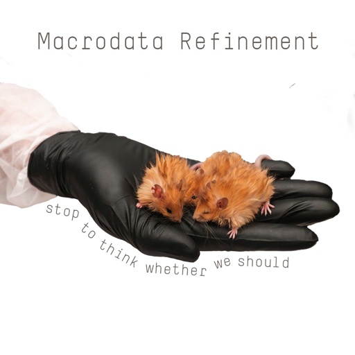 A fake album cover for 'stop to think whether we should' by Macrodata Refinement, featuring a black rubber gloved hand holding a few very furry golden brown mice on a white background