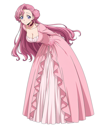 A young woman with purple eyes, pink hair styled in twin buns on either side of her head, and a gentle smile. She is dressed in a voluminous, floor-length pink gown with ruffled details along the hem and a rose at the waist. 