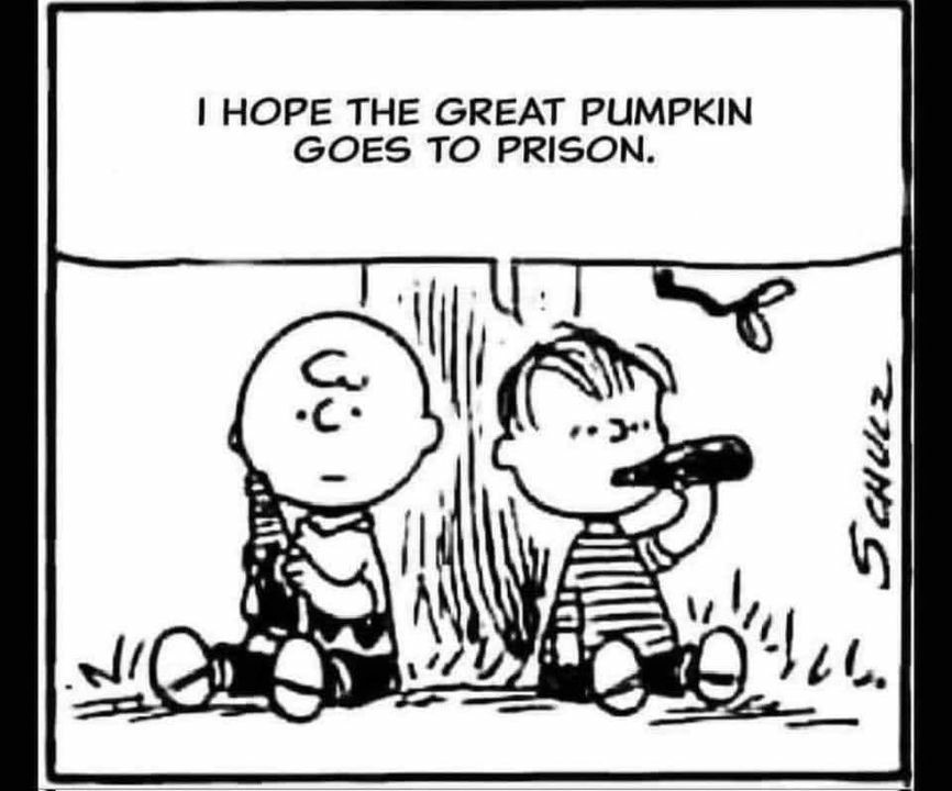 Black and white Peanuts comic frame. Charlie Brown and Linus are seated with their backs against a tree, each with a beverage in hand, looking relaxed. Linus' speech bubble says: I hope the Great Pumpkin goes to prison.