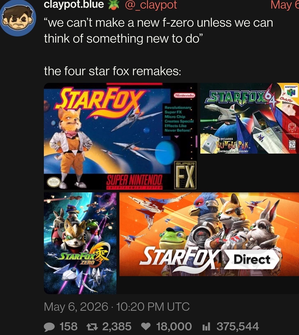 _claypot:«“we can’t make a new f-zero unless we can think of something new to do” the four star fox remakes:»
